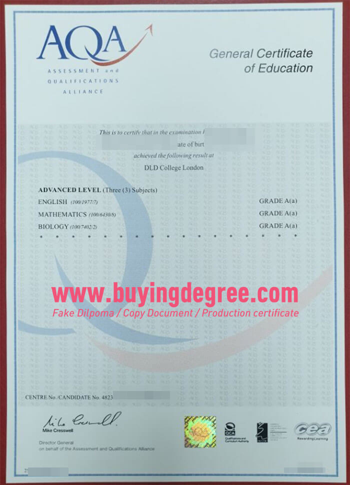 AQA GCE certificate