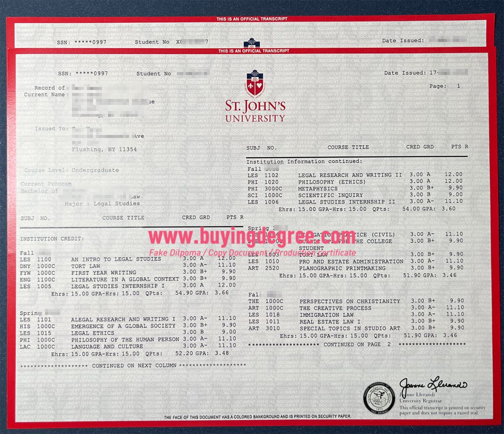 fake St. John's University transcript online