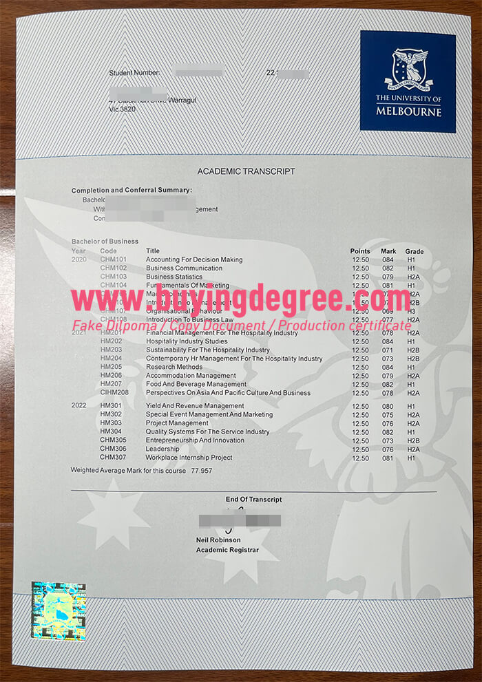 fake University of Melbourne transcript
