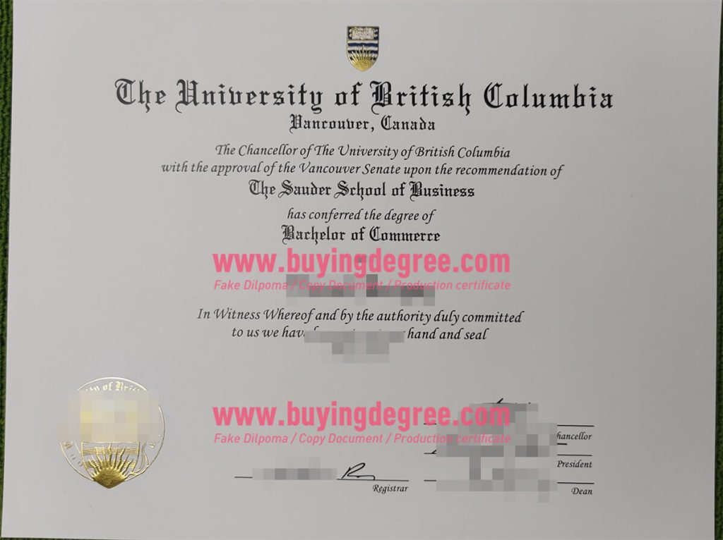 Fake University of British Columbia diploma