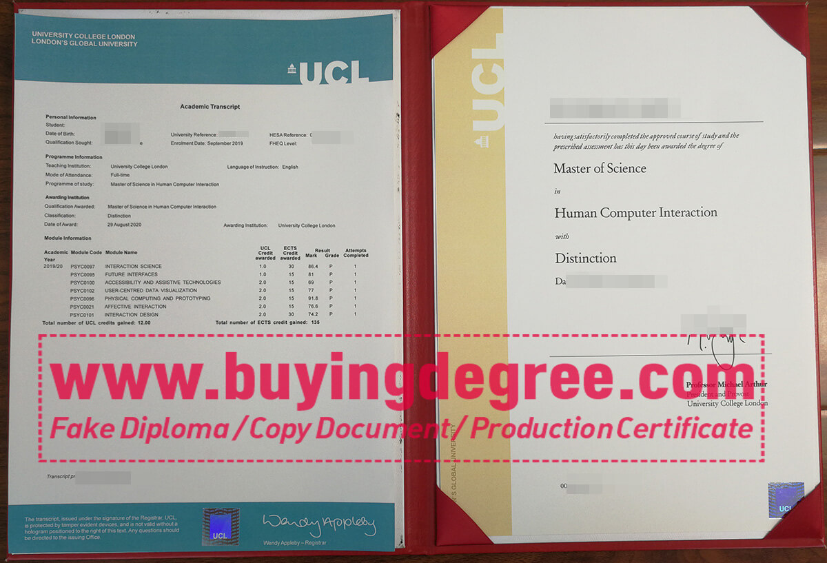 University College London diploma and transcript