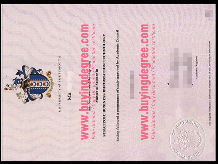 Fake University of Portsmouth degree certificate