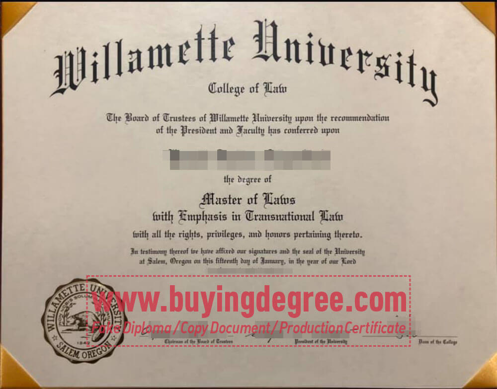 Willamette University degree certificate