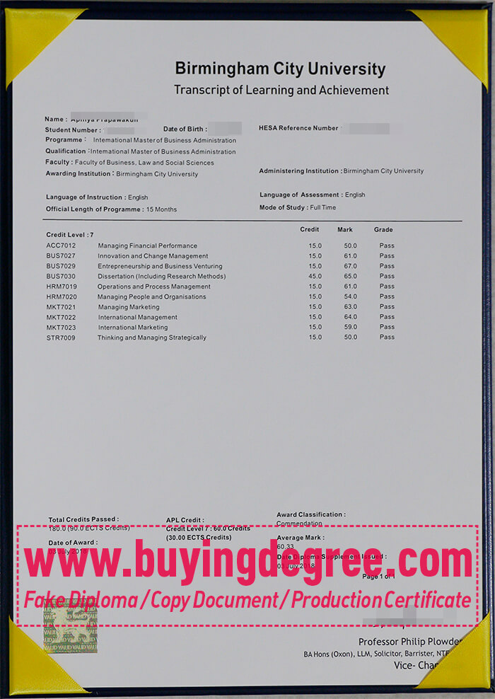 Birmingham City University transcript