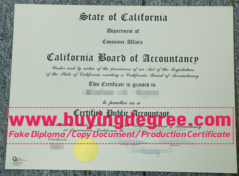 California Board of Accountancy certificate from California 
