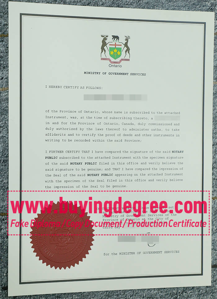 Ontario Notary Public Certificate, Ontario Ministry of Government Service Certificate