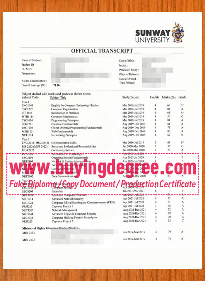 Buy a Sunway University transcript