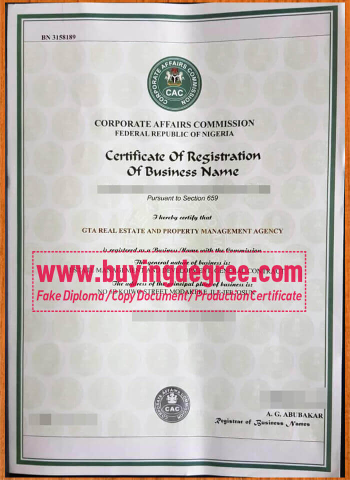Order a Corporate Affairs Commission fake Certificate, get a certificate Of Registration Of Business Name in NIGERIA