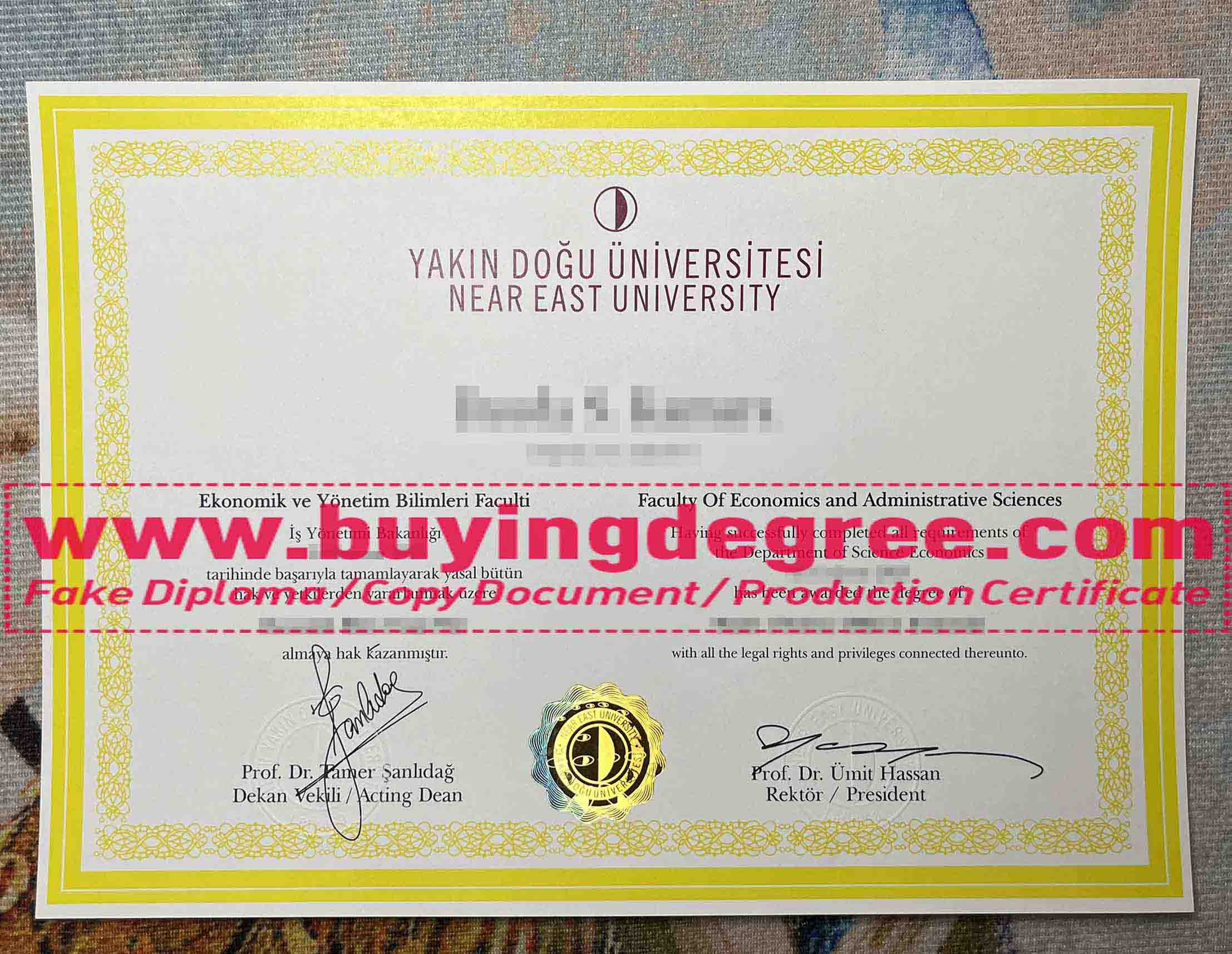 fake Near East University diploma