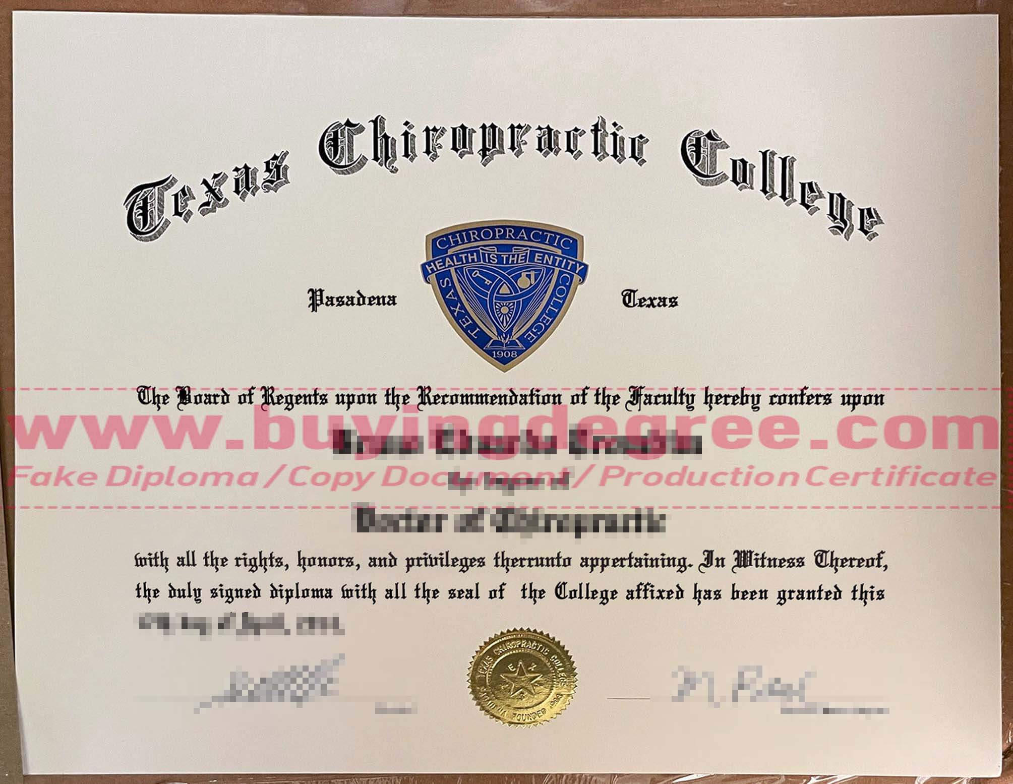 Texas Chiropractic College diploma