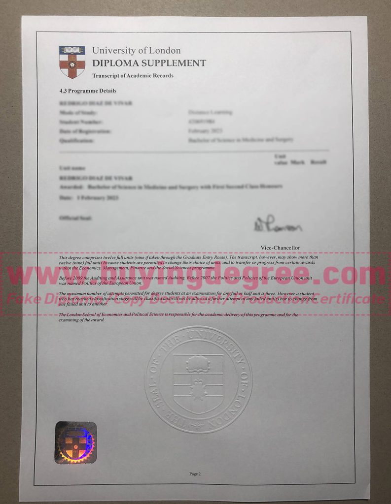 University of London Transcript of Academic Records