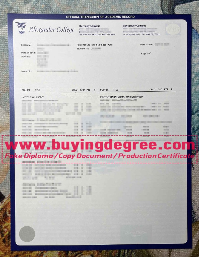 fake Alexander College transcript 