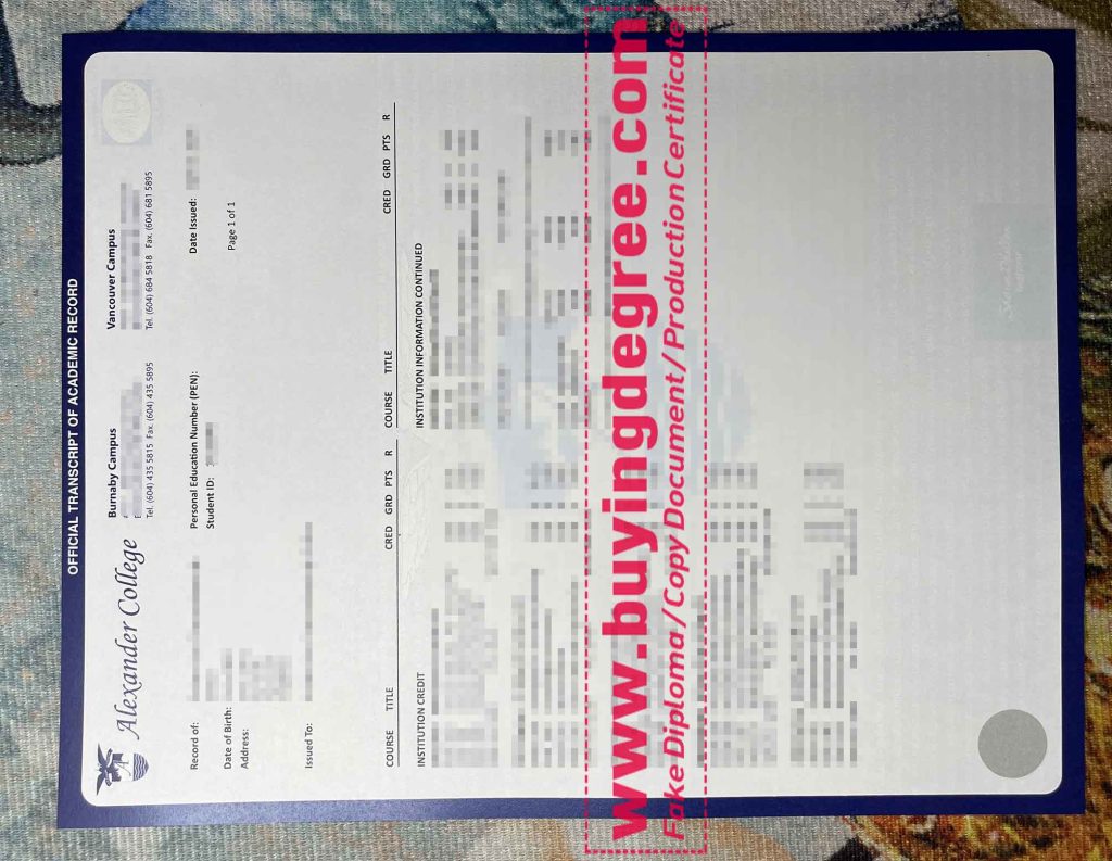 fake Alexander College transcript
