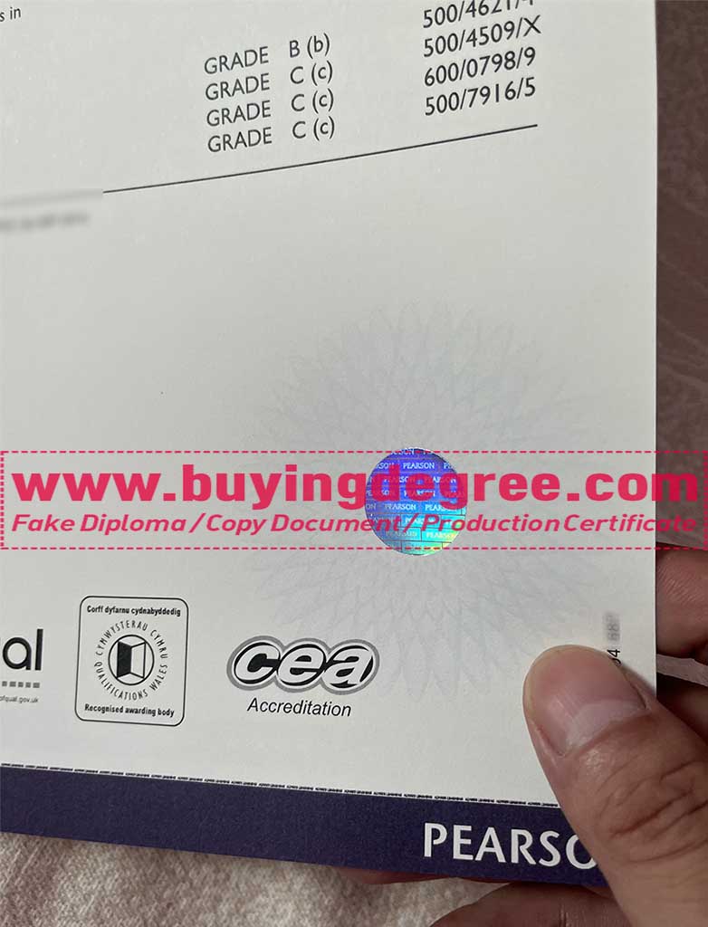 Holographic seal on Pearson Edexcel GCSE certificate